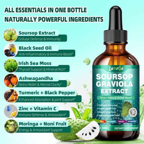 Soursop Bitters Liquid 10-in-1 with Ashwagandha, Black Seed Oil & Turmeric for Immune Support, Gut Health, Cell Regeneration & Antioxidant, Vegan, Non-GMO, Sugar-Free, 2 Fl Oz