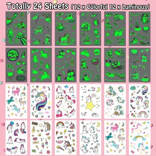 Leesgel 240+ Styles Kids Tattoos Temporary for Girls, Luminous Birthday Party Favors Decorations, 24 Sheets Tattoos Stickers Party supplies