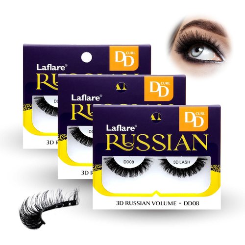 Laflare 3D False Eyelashes Russian Volume Strip Lashes | Fluffy, Wispy, Lightweight | Faux Mink Eyelashes Extension D Curl Wispy Handmade Soft Reusable 3 Packs Value Combo. (FDD08X3C)