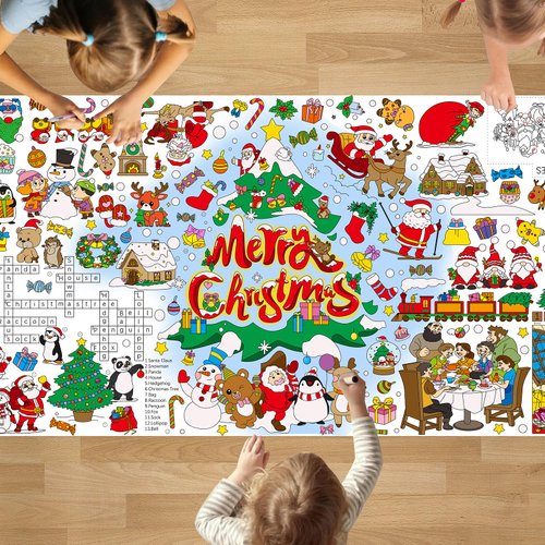 PADTIC Giant Coloring Poster,35x72inch Versatile Merry Christmas Paper Coloring Tablecloth,DIY Christmas Tree,Santa Claus,Gnomes,Elk,Snowman Table Cover Kids Art Crafts Home Classroom Party Supplies