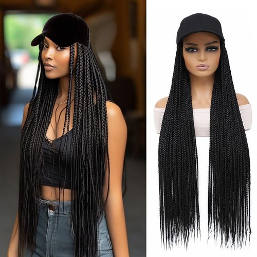 GUOJIAN 30inch Long Black Baseball Cap With Box Braids Wig Synthetic Hair Extension Crochet Braided Hat Wigs for Women (1B, 30inch)
