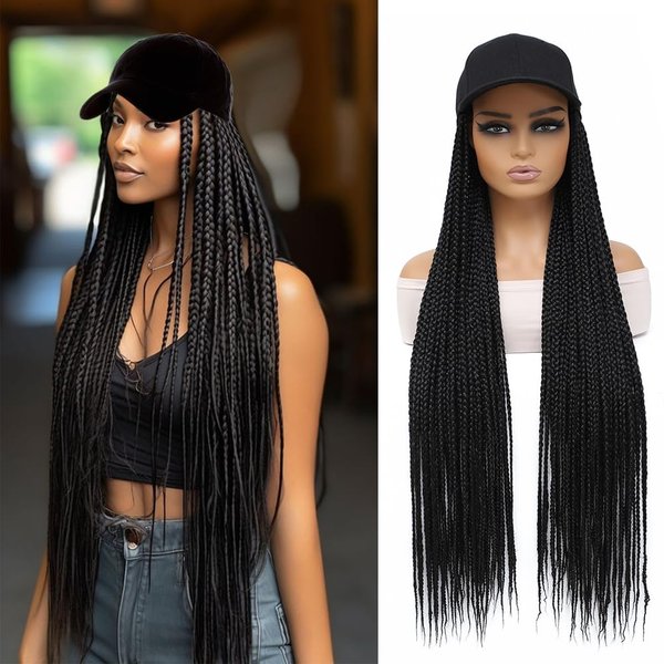 GUOJIAN 30inch Long Black Baseball Cap With Box Braids Wig Synthetic Hair Extension Crochet Braided Hat Wigs for Women (1B, 30inch)
