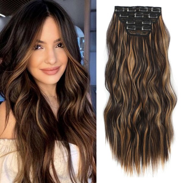 Clip In Long Wavy Hair Extensions Brown Black Highlighted Honey Blonde 4PCS Synthetic Hair Extensions Fiber Hairpieces Full Head and Lightweight Hair Extension for Women