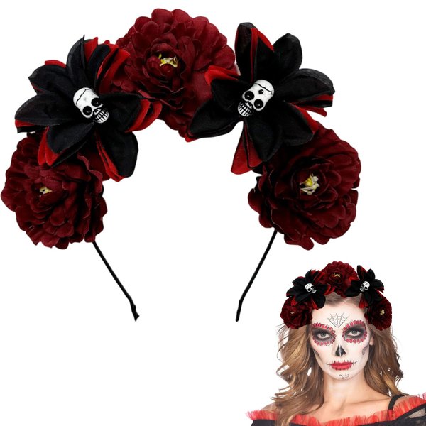 Halloween Skull Rose Headband Gothic Flower Hair Hoops Dead Flower Crown Mexican Floral Headpiece Cosplay Headwear