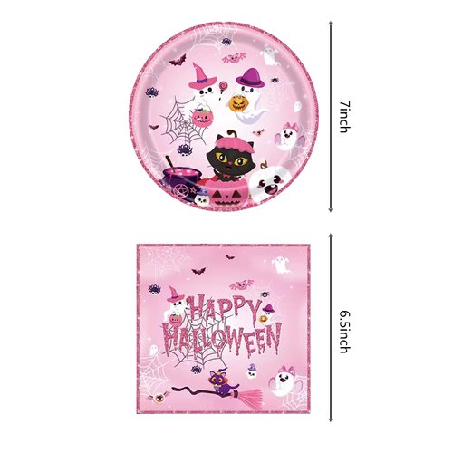 Halloween Party Tableware Decorations, Halloween Party Plates and Napkins, 20 Plates and 20 Napkins, Pink Halloween Ghost Party Decorations Pink Halloween Party Supplies