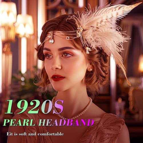 GENBREE 1920s Flapper Headband White Feather Hair Clip Rhinestone Feather Headpiece Pearl Cocktail Hair Accessories for Women and Girls