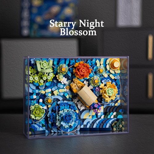 Ueuo Starry Sky Flower Night Building Block Set with dust Cover Artist Creative Painting Building Blocks Toys（922Pcs）