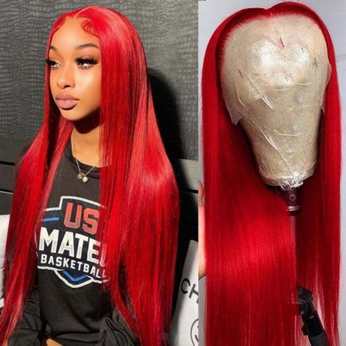 LoveStory 13x6 Long Straight Lace Front Wigs Red Color Pre Plucked Synthetic Lace Front Wigs Free Part Heat Resistant Glueless HD Lace Wigs natural Hairline