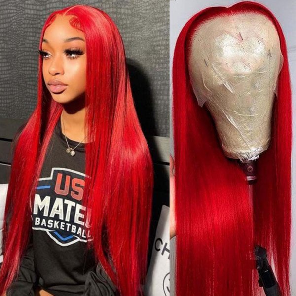LoveStory 13x6 Long Straight Lace Front Wigs Red Color Pre Plucked Synthetic Lace Front Wigs Free Part Heat Resistant Glueless HD Lace Wigs natural Hairline