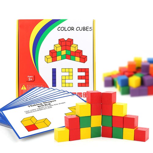 YHZAN Wooden Cube Building Blocks for Kids with Challenge Cards Shape Puzzle Math Material Assorted Colors for Preschool Classroom Supplies for Teachers Elementary Stem Toy