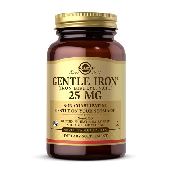 Solgar Gentle Iron (Iron Bisglycinate) 25 mg - 90 Vegetable Capsules - Non-Constipating, Gentle on Your Stomach - Gluten Free - 90 Servings
