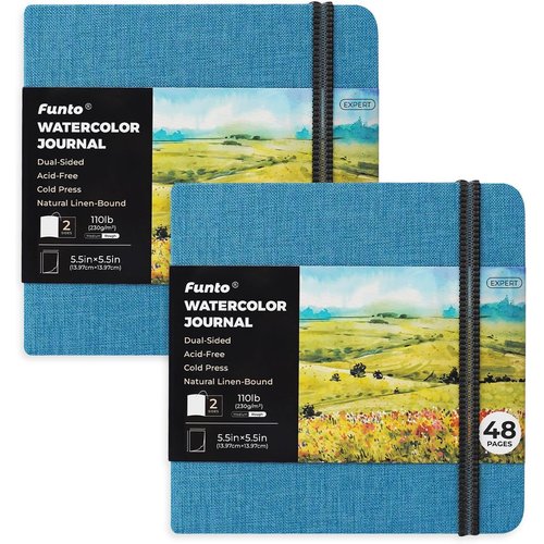 Funto Watercolor Journal, Square, Dual-Sided Cold-Pressed Paper, 5.5" x 5.5", Portable 2-Pack, 48 Pages Each, Blue Cover with Elastic Band, 110 lb/230gsm, Art Supplies for Mixed Media