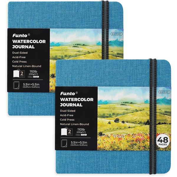 Funto Watercolor Journal, Square, Dual-Sided Cold-Pressed Paper, 5.5" x 5.5", Portable 2-Pack, 48 Pages Each, Blue Cover with Elastic Band, 110 lb/230gsm, Art Supplies for Mixed Media