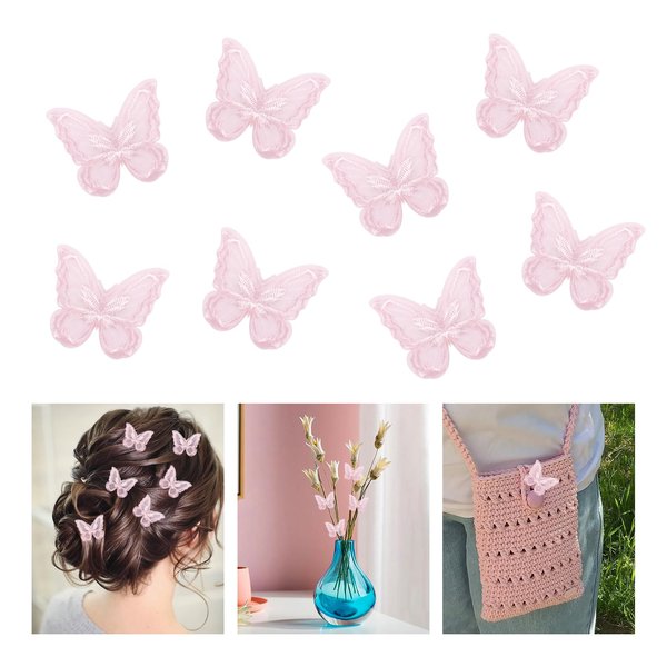 Butterfly Hair Accessories - Pink Lace Embroidery Pins, Fairy Hair Clips, Barrettes, and Ornaments for Girls' Parties (8 Pieces)