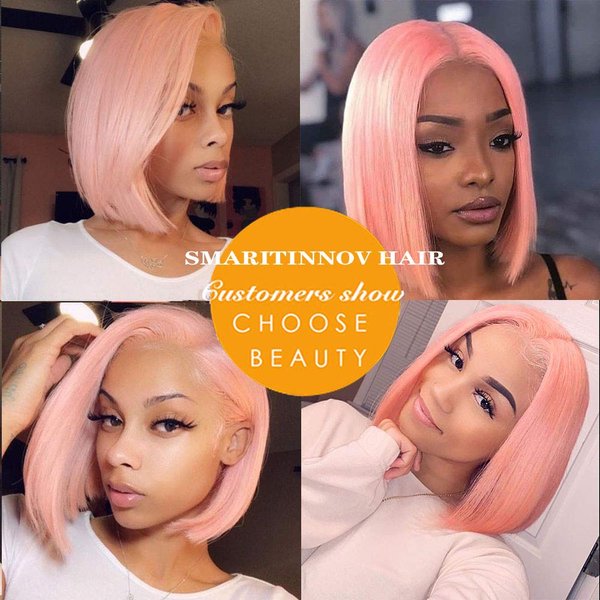 Smartinnov Pink Bob Wigs Human Hair T Part Lace Front Wigs Straight Virgin Hair 12 Inch Pre Plucked 13x1x4 Lace Front Wigs for Women 180% Density Pre Plucked with Baby Hair Glueless Pink Bob Wigs