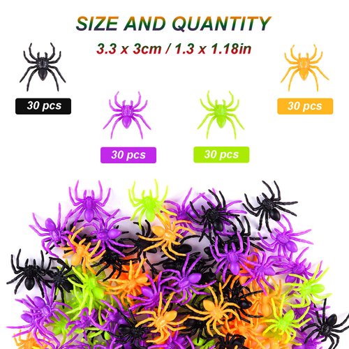 JIALWEN 120 Pieces Realistic Halloween Plastic Spiders 4 Colors Small Spider Toys Fake Spiders Terror Funny Prank Props for Halloween Home and Party Decorations