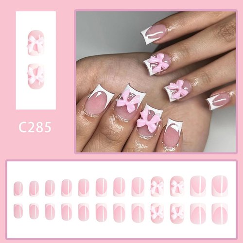 Bows Press on Nails Short Square Fake Nails 3D Resin Bow Charm Glossy Designs Pink Full Cover Glue on Nails Reusable Artificial White French Tip False Nails for Women DIY Manicure Decoration 24Pcs