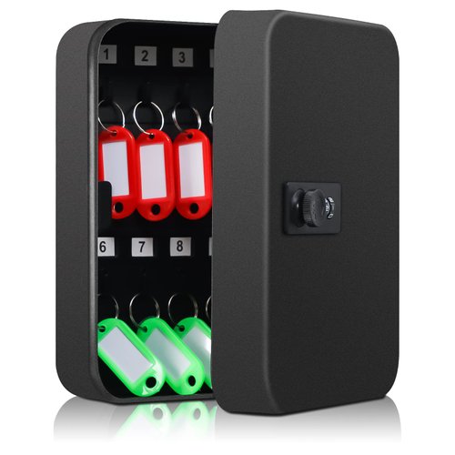 Dalmbox Key Cabinet with Combination Lock, Key Storage Box Wall Mount, Steel Security Locking Key Lock Box with Code, 20 Key Hooks and Colored Key Tag Labels, 7.87x 6.3x3 inch, Black