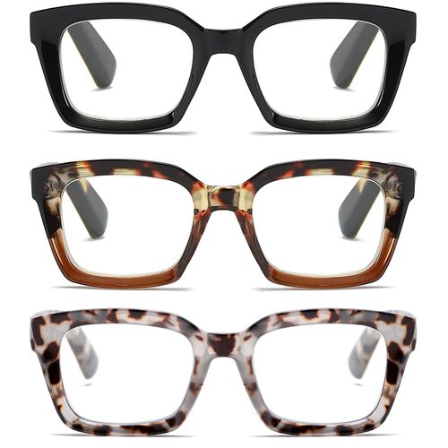 LOUOL 3 Pack Readers for Women Oprah Style Square Reading Glasses with Spring Hinge Blue Light Blocking for Men Ladies +1.5