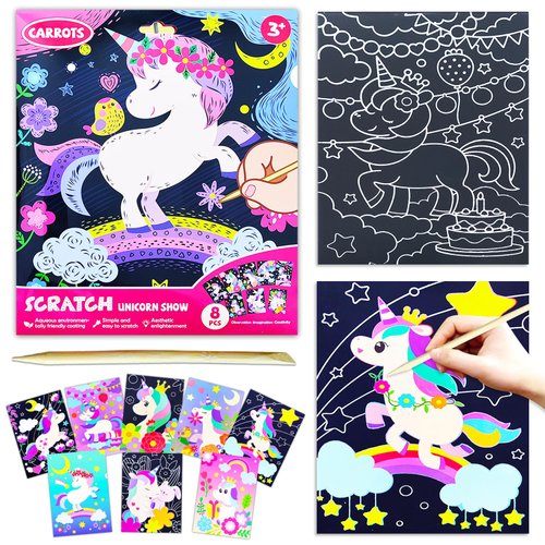 BAOXUE Scratch Art for Kids, Unicorns Black Rainbow Scratch Art Paper Set-Arts and Crafts & Supplies, DIY Activity & Party Games, Unicorn Art Gifts for Toddlers, Girls & Boys