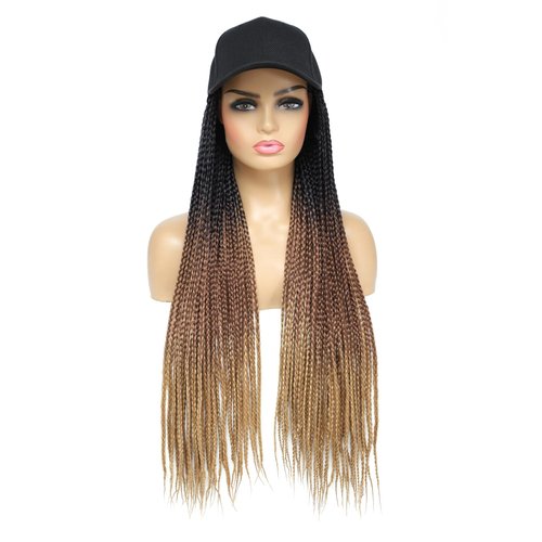 Yunkang Baseball Cap Wig Hat Wig with Synthetic Small Box Braiding Hair Extensions Attached for Black White Women Girls 24inch Long Ombre Braids Wig Black Brown Light Brown(B-53)