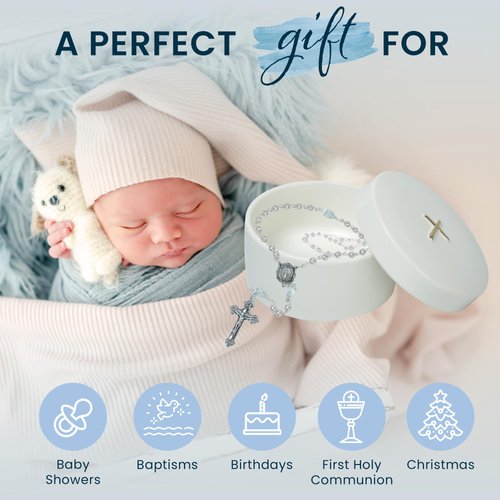 Sweet Treasures Gift – Baptism Gifts for Boys and Girls, First Rosary with Ceramic Keepsake Box and Card, Catholic First Communion Gift, Christening and Baby Shower Rosary Beads, White