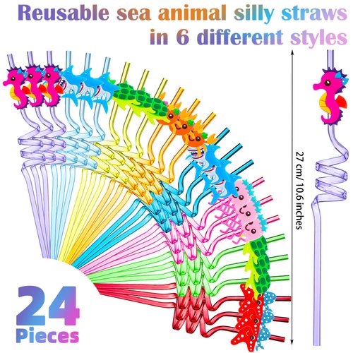 24 Pcs Under the Sea Drinking Straws Animal Silly Straws Under the Sea Birthday Party Supplies Goodie Gifts for Kids Ocean Birthday Party Supplies Party Favors, 8 Colors(Cute Style)