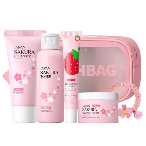 Sakura Facial Skincare Set - Skin Care Set for Women - Beauty & Personal Care - Facial Skin Care Products with Cleanser,Toner,Lip Mask,Essence Cream - Hydrate,Soften,Smooth,Nourish,Moisturize