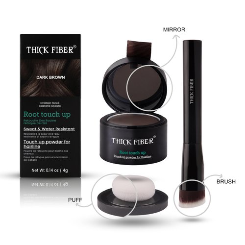THICK FIBER Root Touch Up Powder - Water & Sweat Resistant Hair Loss Concealer Set for Thinning Hair Women, Includes Brush (Dark Brown)
