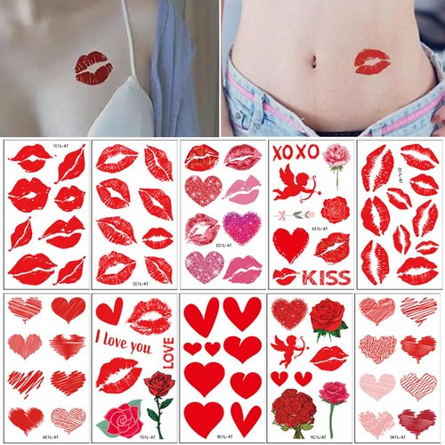 83 Pcs Valentine's Day Red Lips Heart Temporary Tattoo Stickers Sexy Red Lips Kiss Waterproof Fake Tattoos Suitable for Valentine's Theme Party Face Body Funny Makeup Temporary Tattoo Stickers