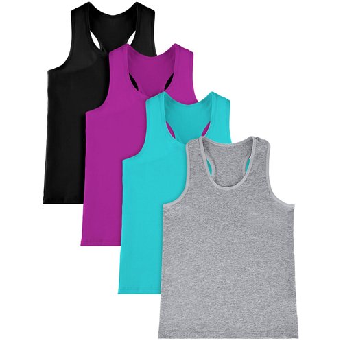 SATINIOR 4 Pieces Girls Dance Tank Tops Cotton Racerback Crop Tank Tops Sleeveless Top for Gymnastics and Dancewear (Black, Rosy, Greenish-Blue, Gray, 6 Years)