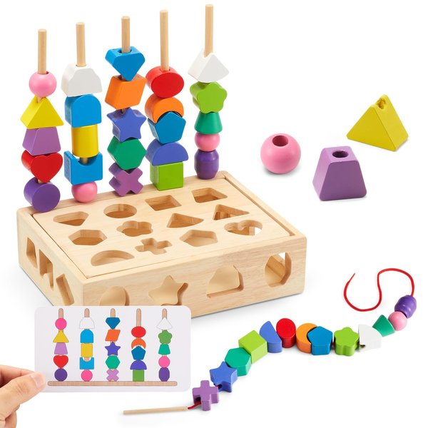 ZGIMI 3 in 1 Montessori Wooden Toys, Lacing Beads & Stacking Blocks & Shape Sorter Sequencing Toy Set, STEM Preschool Educational Learning Fine Motor Skills Toys for Toddlers 3 4 5 Years Gifts