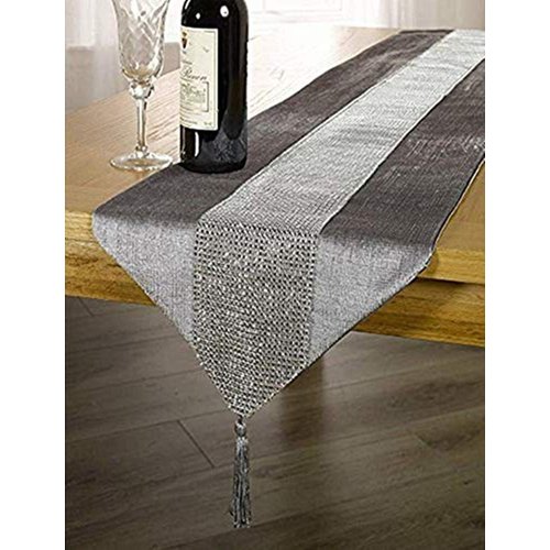 OZXCHIXU 13inch x 72inch Table Runner with Diamante Strip and Tassels (grey)