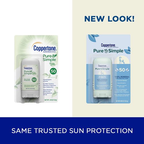Coppertone Pure & Simple SPF 50 Stick Sunscreen, Mineral Sunscreen, Water Resistant, Hypoallergenic, Face Sunscreen, Broad Spectrum UVA/UVB Protection, 0.49 oz