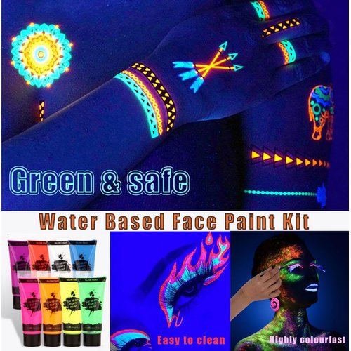 Face & Body Painting Kit, 8 Colors UV Neon Body Paint, Liquid Painting Fluorescent Face Painting with 10 Painting Brush Set for Christmas, Music Festivals, Parties, Stage