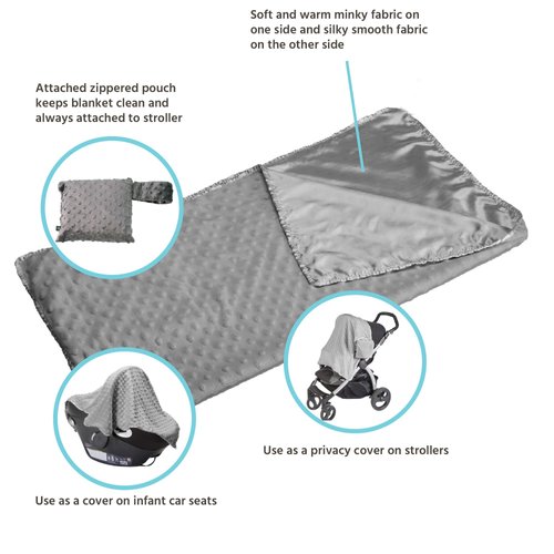 J.L. Childress Cuddle 'N Cover Stroller Blanket - Silky and Minky Fabrics - Blanket Attaches to Stroller - Privacy Cover, Blanket, Sun Shade - 30" x 30" - Grey