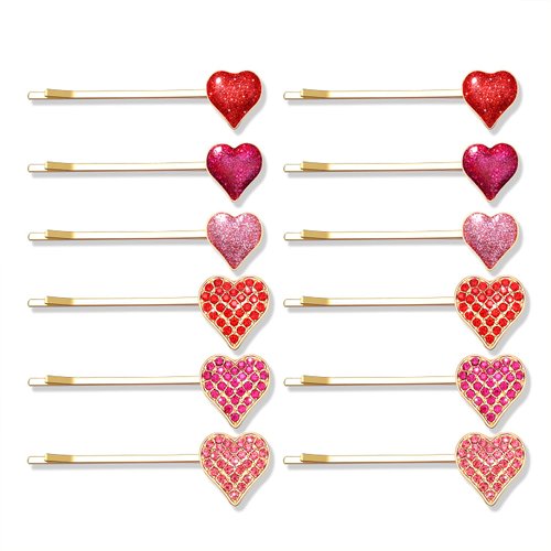 Boderier 12 Pack Valentine's Day Heart Bobby Pins Red Enamel Rhinestone Heart Hairpin Hair Slide Barrettes Styling Hair Accessories Gifts for Women Girls (Red Fuchsia Pink)