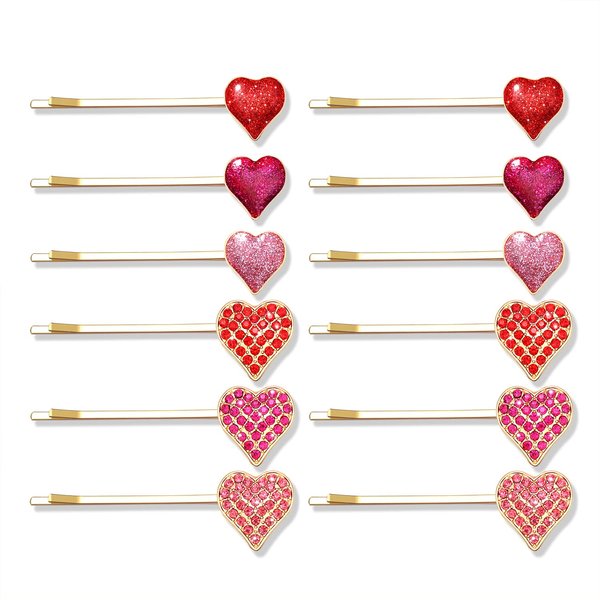 Boderier 12 Pack Valentine's Day Heart Bobby Pins Red Enamel Rhinestone Heart Hairpin Hair Slide Barrettes Styling Hair Accessories Gifts for Women Girls (Red Fuchsia Pink)