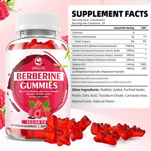 GrnLife Berberine Gummies with Ceylon Cinnamon 1500mg High Potency Berberine HCL Supplement for Immune and Metabolism Support, Sugar Free, Raspberry Flavor - 60 Count