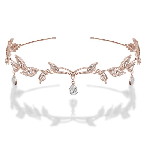SWEETV Rhinestone Leaf Wedding Tiara Headband for Brides, Rose Gold Crown Headband for Pageants Wedding Prom Birthday