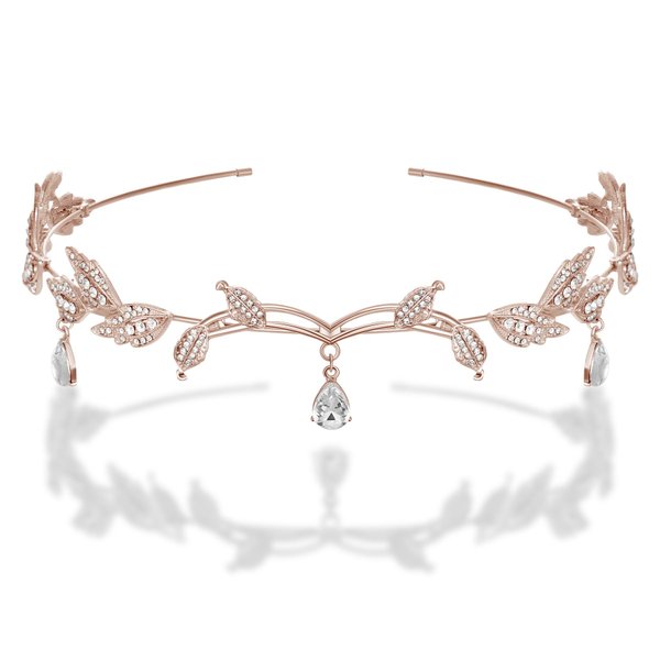 SWEETV Rhinestone Leaf Wedding Tiara Headband for Brides, Rose Gold Crown Headband for Pageants Wedding Prom Birthday