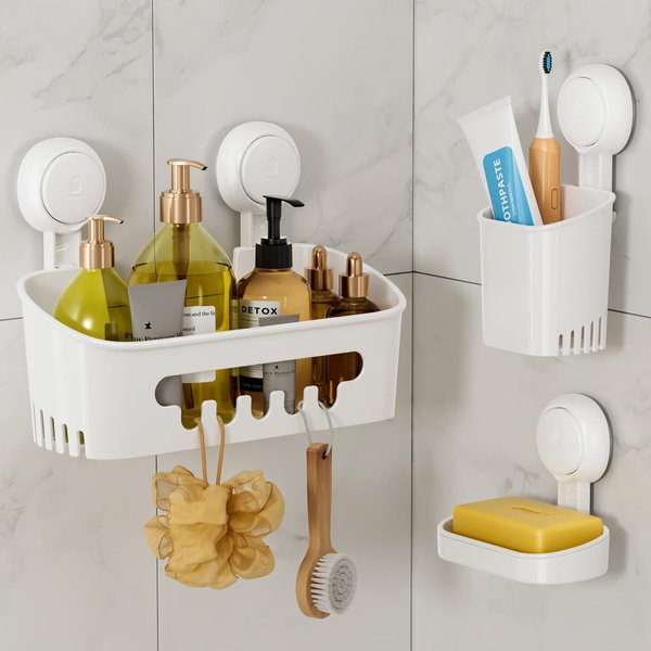 LEVERLOC Shower Caddy Suction Cup Set Shower Shelf Shower Basket NO-Drilling Removable Suction Shower Organizer Powerful Waterproof Bathroom Caddy Organizer
