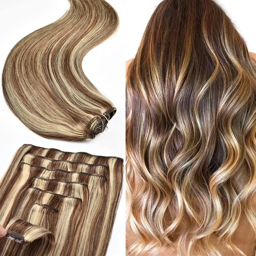 Clip in Human Hair Extension Real Hair Double Weft 9A Brazilian Clip in Hair Extensions Human Hair 22inch 120g 7Pcs Straight Blonde Clip in Hair Extensions (22 Inch, P4/613 Medium Brown with Blonde)