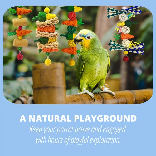 Generic Bean Bean Scoop Parrot Toys Set - Handcrafted 4-Piece Hanging Chew Toys with Bright Grass Carrot, Corn & Rattan Balls, Natural Bird Entertainment