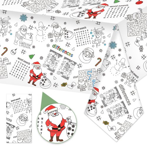 Whaline Christmas Coloring Tablecloth 54 x 108 Inch 6 Games Xmas Santa Claus Themed Color-in Paper Disposable Table Cover for Winter Holiday Birthday Party Supplies Set