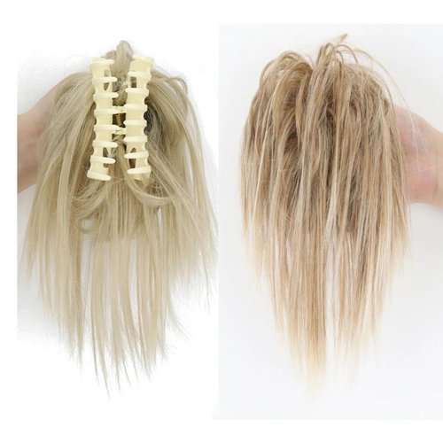 Claw Clip Messy Hair Piece Tousled Updo Messy Hair Bun Hair Scrunchies Synthetic Wavy Curly Chignon Hair Extension Ponytail Hairpieces for Women (Strawberry Blonde/Bleach Blonde)