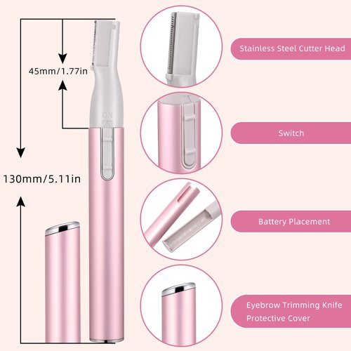 2 Pcs Electric Eyebrow Trimmer Women Precision Face Razors Mini Shaver Battery Operated Small Facial Hair Remover with Comb Personal Epilator for Face Neck Fuzz Lips Body Arms Leg (Pink, Black)