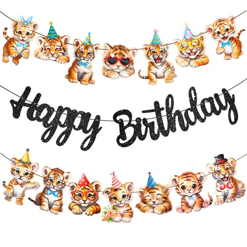 Tiger Birthday Banners 3Pcs Tiger Birthday Party Decorations Glitter Black Tiger Birthday Party Supplies Jungle Tiger Party Hanging Banner Decor for Safari Tiger Favor Baby Shower Supplies