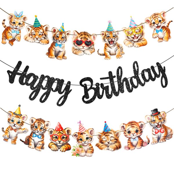 Tiger Birthday Banners 3Pcs Tiger Birthday Party Decorations Glitter Black Tiger Birthday Party Supplies Jungle Tiger Party Hanging Banner Decor for Safari Tiger Favor Baby Shower Supplies