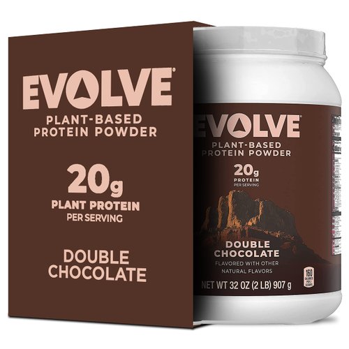 Evolve Plant Based Protein Powder, Double Chocolate, 20g Vegan Protein, Dairy Free, No Artificial Flavors, Non-GMO, 3g Fiber, Amazon Exclusive, 2 Pound (Packaging May Vary)